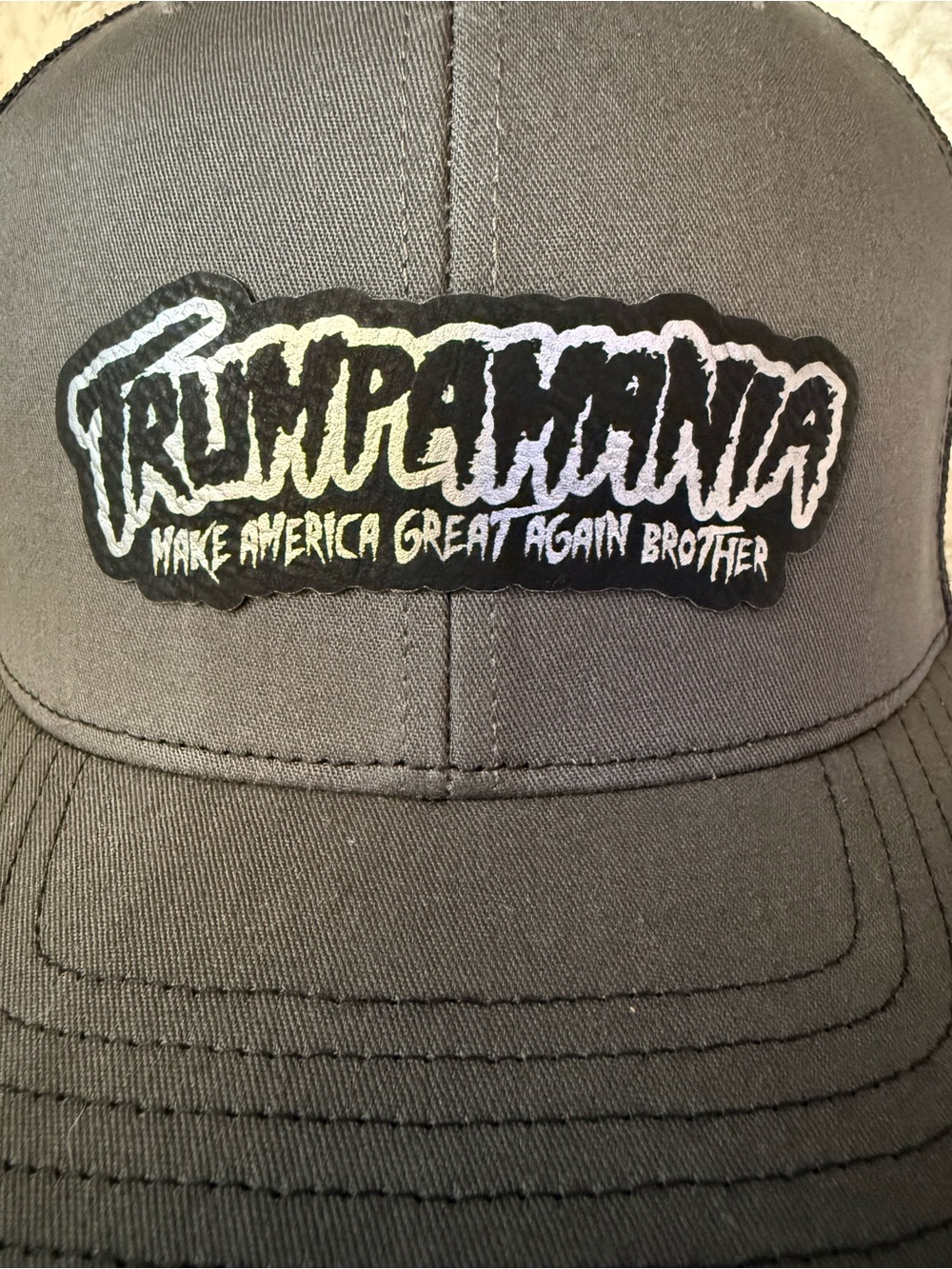 Gray Trucker Hat with 'Trumpetmania' Patch #Trump